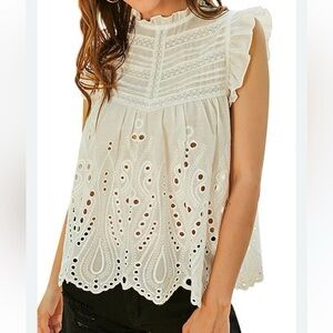 Zara Eyelet Embroidered Cotton Blouse Off White Lace Pintuck Top M NWOT